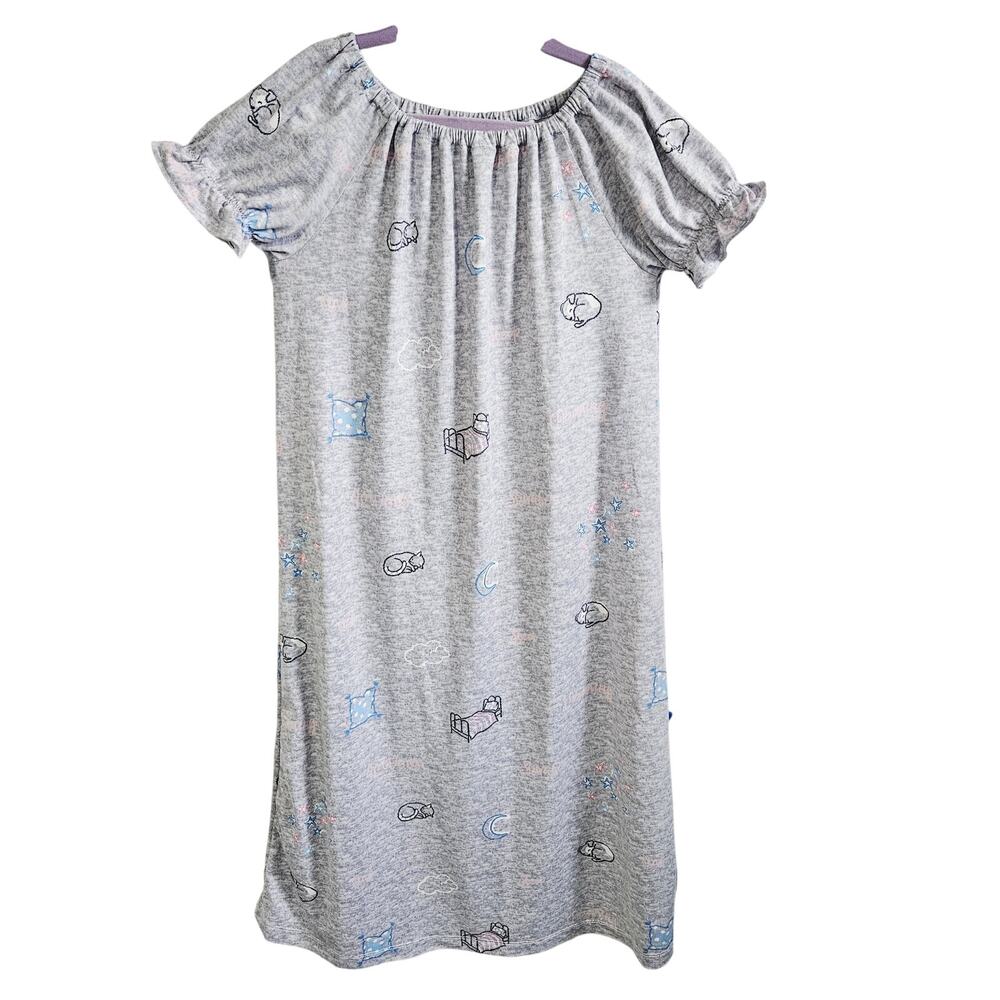 Handmade With Love Nightdown Long Dress Gray Sleepy Print Moon Cat Girls 6X